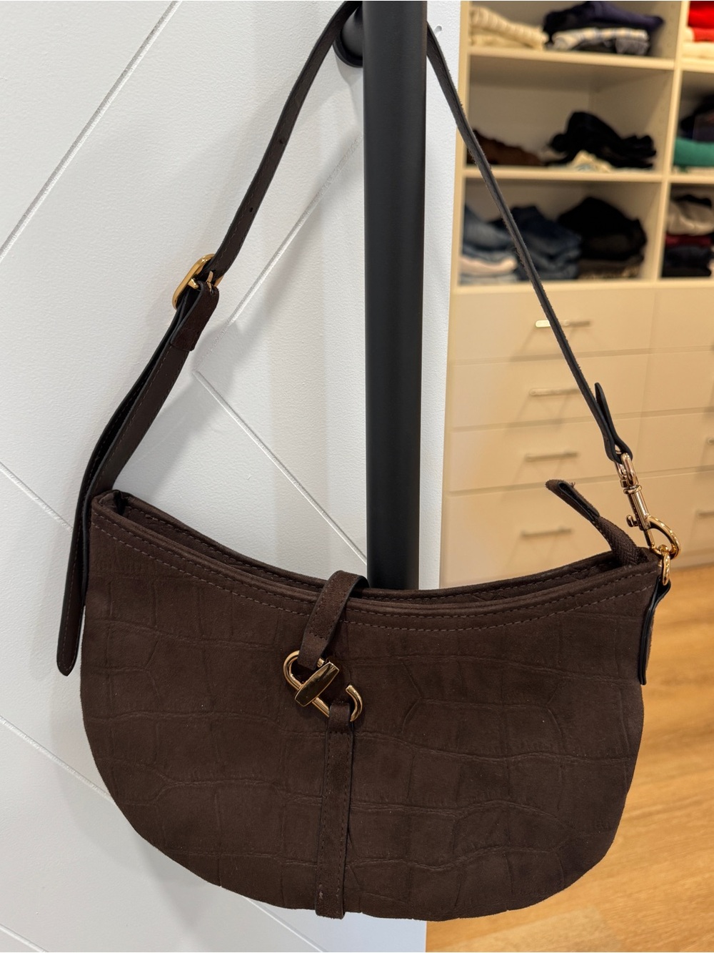 Brown Croc-Embossed Shoulder Bag